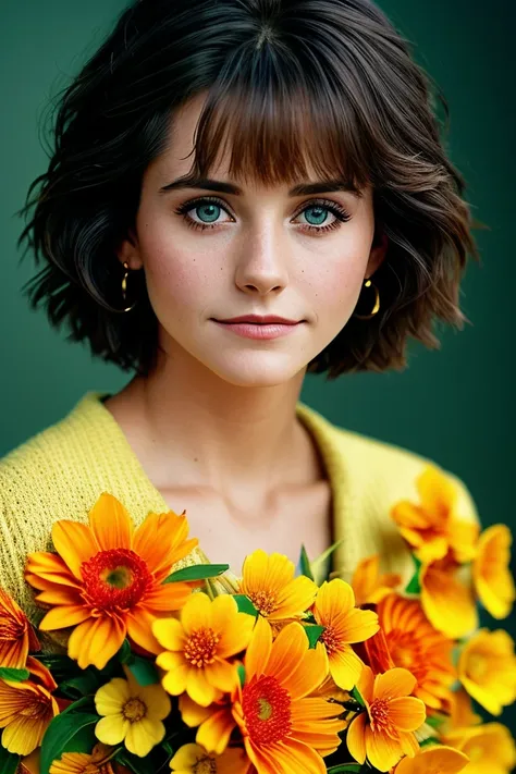 photo of beautiful (c0urteneyc0x-130:0.99), a woman with perfect short hair, bob haircut, wearing (yellow flower trim:1.1),  ((Racaille:1.1)), (plain red background:1.1), (happy:1.2), modelshoot style, (extremely detailed CG unity 8k wallpaper), profession...