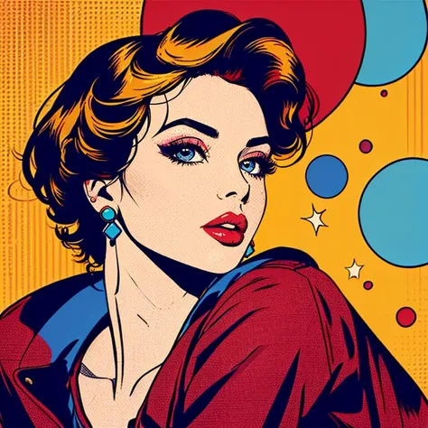 pop art,  1girl, solo, shirt, jewelry, closed mouth, upper body, earrings, lips, looking at viewer, red lips, 
<lora:pop_art_sty...