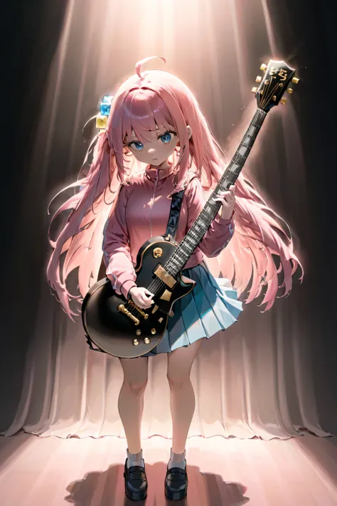 anime, pastel color, 1girl, holding instrument electric guitar,
playing instrument, pleated skirt, spotlight, standing, looking away, blush, gloom, feet out of frame, gibson les paul, guitar, 
hair ornament, cube hair ornament, blue eyes, pink long hair, p...