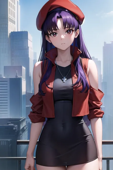 misatokatsuragi, <lora:misatokatsuragi-lora-nochekaiser:1>,
misato katsuragi, long hair, (brown eyes:1.5), blue hair, (purple hair:1.2),
BREAK hat, dress, bare shoulders, jewelry, jacket, earrings, open clothes, sleeveless, necklace, black dress, open jack...