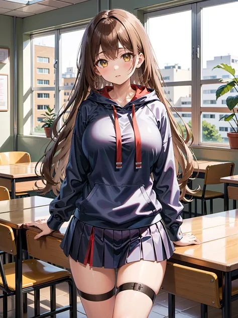 1girl,hoodie mini skirt,old classroom midnight, ,military raincoat garter straps , ,chestnut hair, long hair, wavy hair,  hair between eyes bangs, ,curvy  large breasts, ,full body,