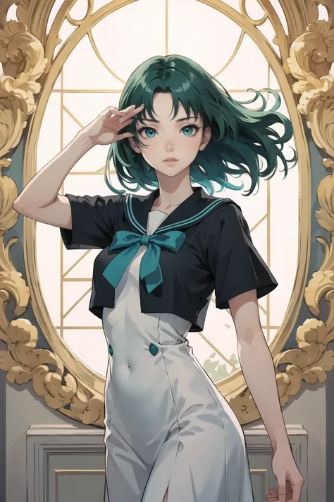 masterpiece,best quality,1girl,solo,sailor neptune,mature woman,breasts,aqua eyes,dark green hair,medium hair,stylish pose,<lora...