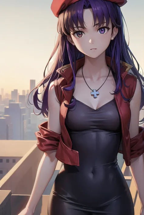 misatokatsuragi, <lora:misatokatsuragi-lora-nochekaiser:1>,
misato katsuragi, long hair, (brown eyes:1.5), blue hair, (purple hair:1.2),
BREAK hat, dress, bare shoulders, jewelry, jacket, earrings, open clothes, sleeveless, necklace, black dress, open jack...