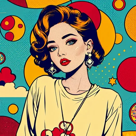 pop art,  1girl, solo, shirt, jewelry, closed mouth, upper body, earrings, lips, looking at viewer, red lips, 
<lora:pop_art_sty...