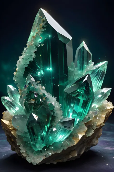 dark_green_prasiolite_amethyst_crystal, glowing, darkness_swirling, pulsating_energy, druzy crystals glittering, masterpiece, best quality, highly detailed, sharp focus, dynamic lighting, vivid colors, texture detail, particle effects, storytelling element...