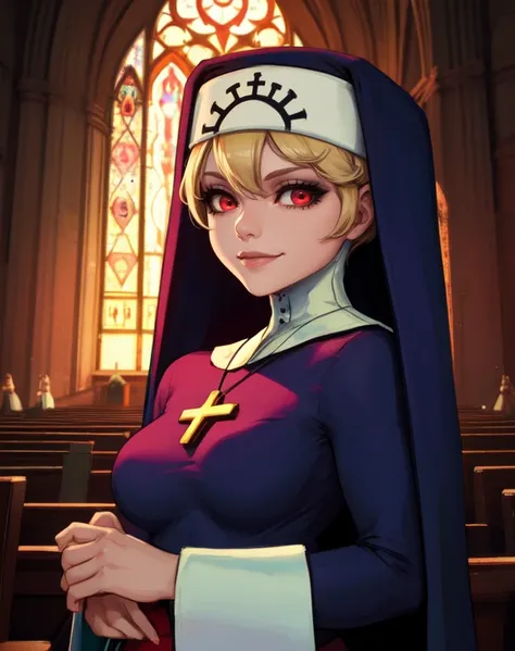 Double, short blonde hair, medium breasts, solo, smiling,  red eyes,  
 blue habit, cross necklace ,long sleeves, nun, 
standing,  upper body, 
(insanely detailed, beautiful detailed face,beautiful detailed eyes, masterpiece, best quality)
 church, red lig...