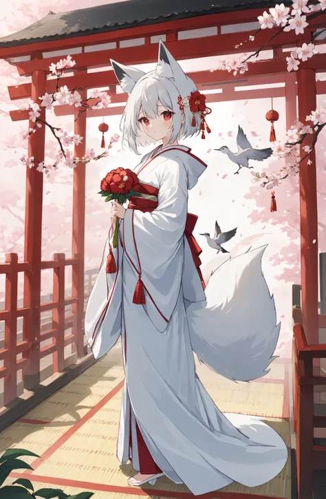 1girl, tail, animal ears, bird, red eyes, fox ears, uchikake, japanese clothes, veil, tail, flower, solo, fox tail, looking at viewer, kimono, white hair, fox girl, standing, long sleeves, wide sleeves, indoors, bangs, eyebrows visible through hair, tatami...