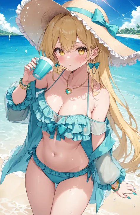 1girl, solo, full body, aqua nails, blonde hair, eyelashes, fingernails, long eyelashes, long hair, yellow eyes ,arm support, blush, closed mouth, leaning forward, looking at viewer, solo, staring, bare shoulders, bikini, bow, bracelet, cleavage, collarbon...