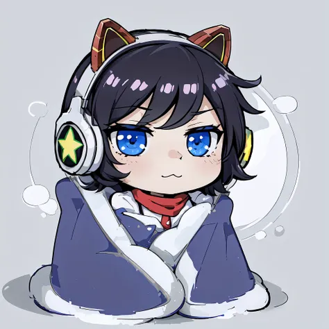 masterpiece, best quality, incrsahriarcade, headphones, white shirt, scarf, <lora:ahriarcade:1>, cozyblanket, chibi, simple back...