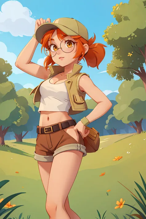 masterpiece, best quality, outdoors, grass, fiodef, 1girl, solo, looking at viewer, wariza, arm support, orange hair, hat, baseb...