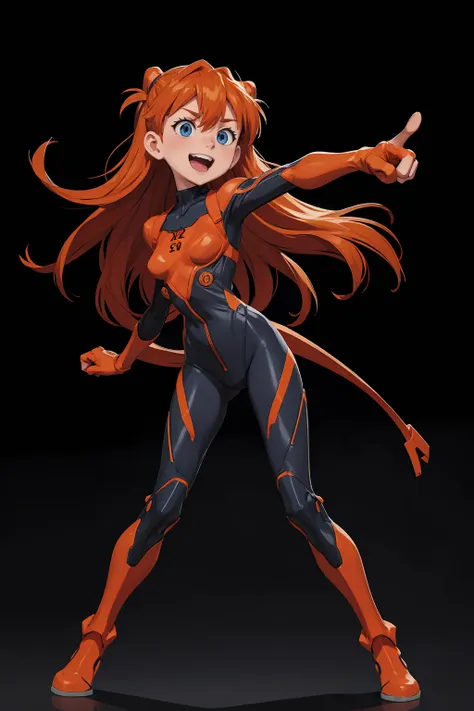 asuka, 1girl, solo, long hair, looking at viewer, smile, open mouth, blue eyes, simple background, orange hair, hair ornament, gloves, hair between eyes, standing, full body, :d, small breasts, from side, two side up, parted bangs, bodysuit, leaning forwar...