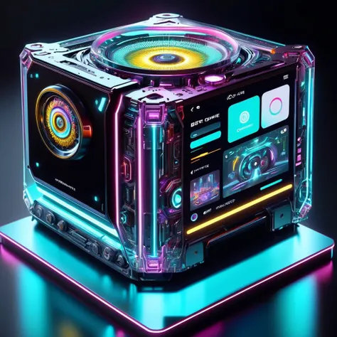 ((best quality)), ((masterpiece)), ((realistic,digital art)), (hyper detailed),cyberpukai holographic transparent cyberpunk Small Engine, Proper Display Height,QR Codes,Icons,Tactile Buttons,Covers, Polka Dot, Glassy, , octane rendering, raytracing, volume...