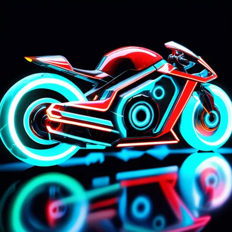 ((best quality)), ((masterpiece)), ((realistic,digital art)), (hyper detailed),cyberpukai Small Tron Light Cycle (Tron, Fictional),  Electrochromatic Mirrors, Accent Lighting,  Spoked Wheels, Luminite, Futuristic,  , octane rendering, raytracing, volumetri...