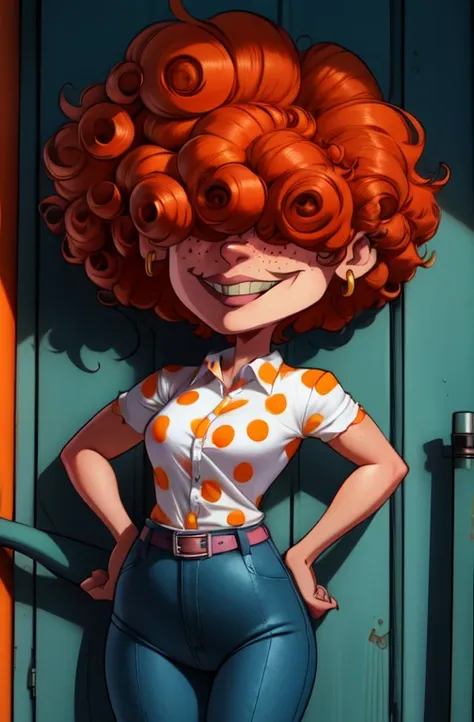 leek, curly orange hair, freckles, hair over eyes,  blue tooth, 
standing, hands on hips, smug expression, solo, covered eyes, 
...