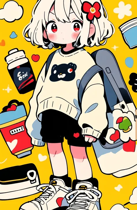 masterpiece, best quality
cute doodle, 1girl, shoes, solo, sweater, heart, white hair, short hair, long sleeves, shorts, yellow background, black footwear, black shorts, red eyes, socks, holding, food, leaf, blush, bottle, hair ornament, full body, standin...