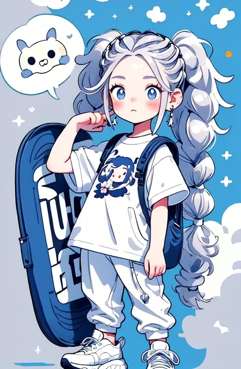 masterpiece, best quality
cute doodle, 1girl, shirt, pants, shoes, white shirt, solo, short sleeves, earrings, long hair, skateboard, backpack, white footwear, speech bubble, jewelry, twintails, standing, english text, full body, blush, bag, grey hair, pri...