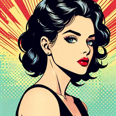 pop art,1girl, solo, upper body, black hair, red lips, 
 <lora:pop_art_v2:0.7>