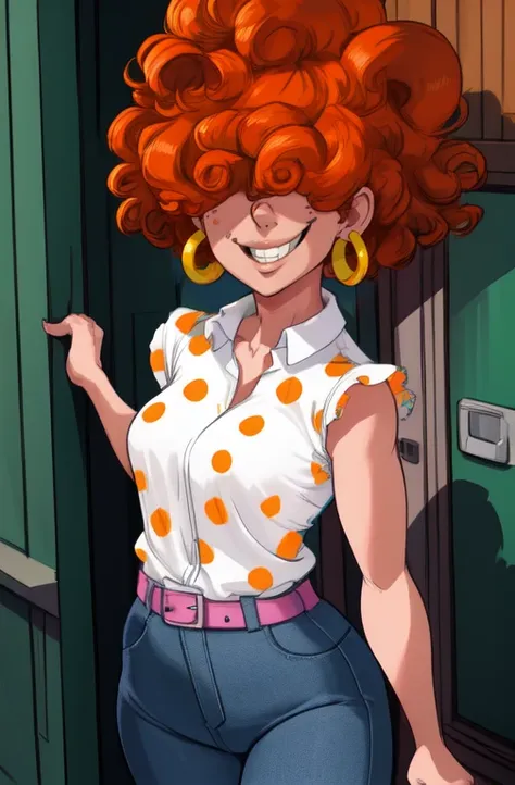 leek, curly orange hair, hair over eyes, 
standing,  solo,   grin, 
denim pants,  earrings, polka dot shirt, belt 
picket fence,...