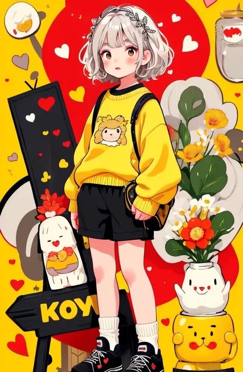 masterpiece, best quality
cute doodle, 1girl, shoes, solo, sweater, heart, white hair, short hair, long sleeves, shorts, yellow background, black footwear, black shorts, red eyes, socks, holding, food, leaf, blush, bottle, hair ornament, full body, standin...