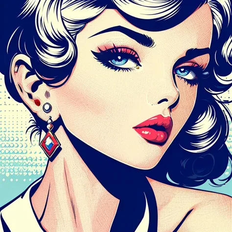 pop art, 1girl, solo, shirt, jewelry, closed mouth, upper body, earrings, lips, looking at viewer, red lips, 
 <lora:pop_art_v2:...