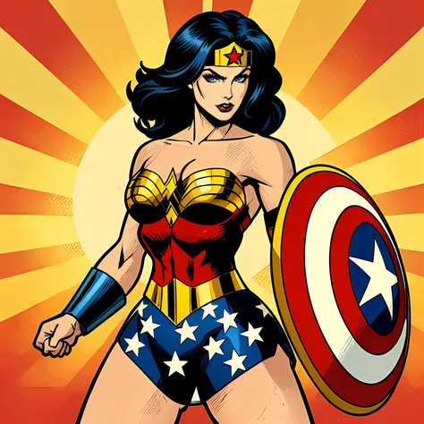 pop art, wonder woman, 1girl, solo, long hair, black hair,  bare shoulders, medium breasts,  shield, superhero
 <lora:pop_art_v2...