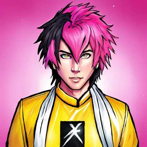 solo, 1boy, spiked hair, mullet, multicolored hair, two tone hair, pink hair, black hair, male focus, white ribbon, white scarf, jumpsuit, yellow shirt, yellow pants, yellow jumpsuit, masterpiece, official art, best illustration, tone mapping, specular hig...