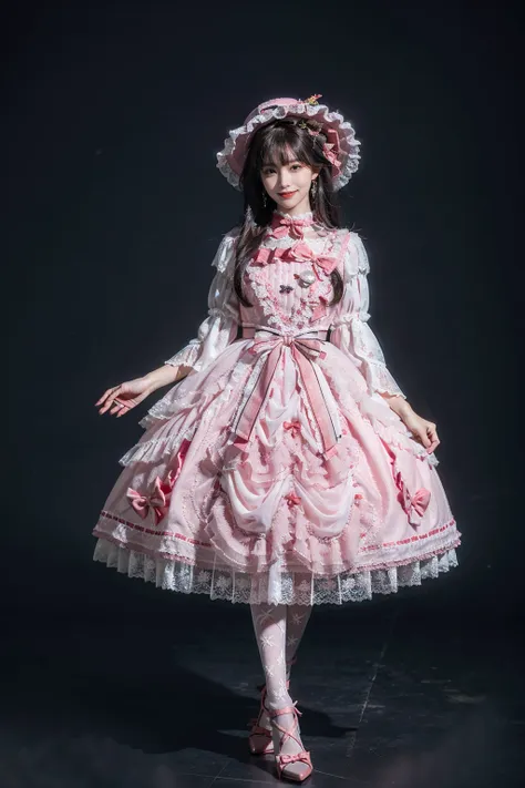 best quality, masterpiece, photorealistic, 1girl, solo, full body, standing, long black straight hair, blunt bangs, looking at viewer, smile, lo dress, layered dress, long dress, lace-trimmed dress, pink dress, frills, puffy sleeves, wide sleeves, bow, jew...