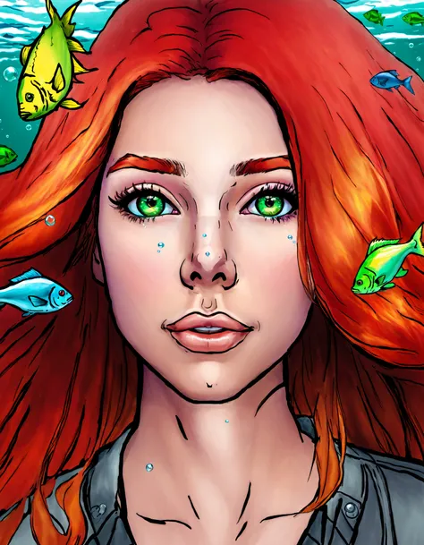 Duskfallcrew Art Style,  1girl,  solo,  long hair,  looking at viewer,  green eyes,  red hair,  parted lips,  water,  lips,  leaf,  looking up,  monster girl,  partially submerged,  freckles,  fish,  underwater,  air bubble,  masterpiece,  official art,