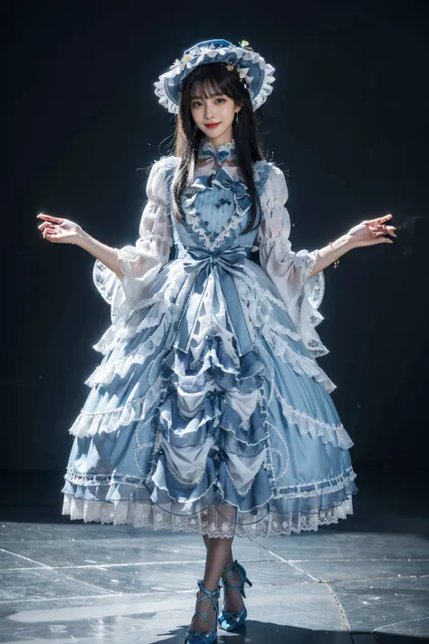 best quality, masterpiece, photorealistic, 1girl, solo, full body, standing, long black straight hair, blunt bangs, looking at viewer, smile, lo dress, layered dress, long dress, lace-trimmed dress, blue dress, frills, puffy sleeves, wide sleeves, bow, jew...