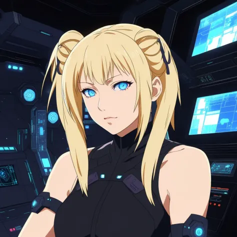 anime shot of a blonde woman in the cockpit of a spaceship, anime cyberpunk, science fiction