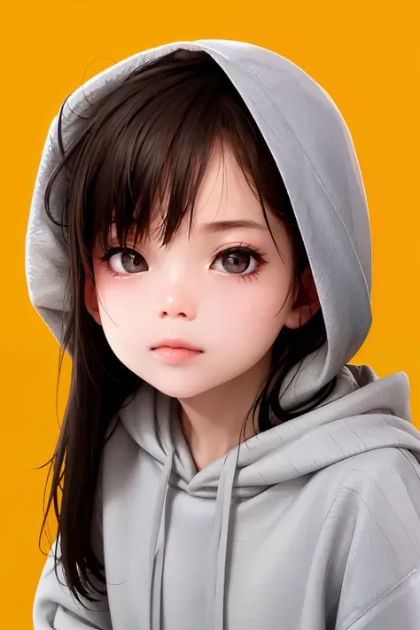 masterpiece, best quality,1girl, solo, hoodie, hood, long hair, brown hair, black eyes, hood up, white hoodie, lips, simple back...