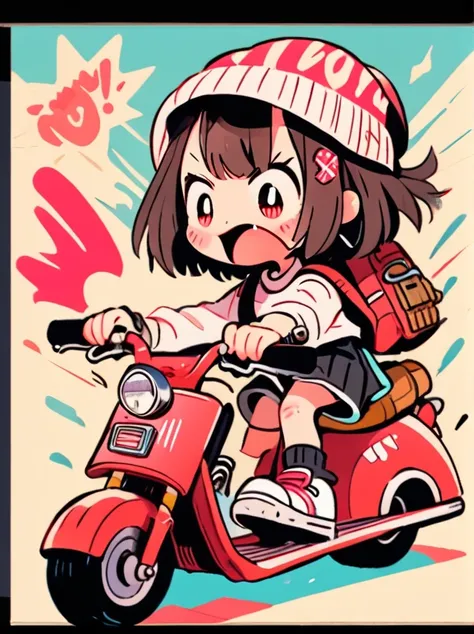 masterpiece, best quality,
cute doodle, 1girl, ground vehicle, backpack, motor vehicle, shorts, open mouth, hat, black shorts, shoes, bag, hair ornament, shirt, hairclip, solo, blush, white shirt, long sleeves, red eyes, sneakers, short hair, black hair, b...