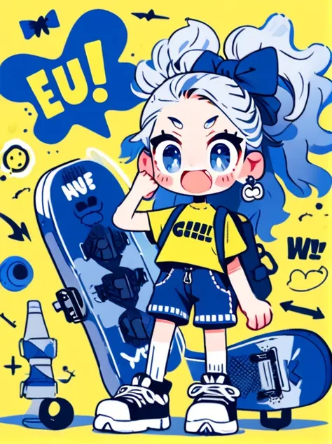 masterpiece, best quality,
cute doodle, 1girl, skateboard, shoes, shirt, shorts, long hair, blue shorts, yellow background, blue eyes, open mouth, print shirt, socks, white shirt, braid, short sleeves, backpack, sneakers, full body, standing, bow, looking ...