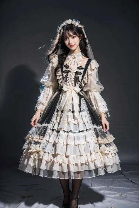 best quality, masterpiece, photorealistic, 1girl, solo, full body, standing, long black straight hair, blunt bangs, looking at viewer, smile, black dress, lo dress, layered dress, long dress, lace-trimmed dress, frills, lace, long sleeves, puffy sleeves, w...