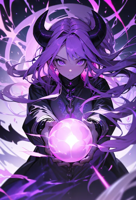 1girl, (casting a spell with a big energy purple ball in the middle of the image), demon, fighter, horns, chains, purple fire, pink energy around the head, (masterpiece, best quality, hires, high quality, by professional artist, ultra detailed, extremely d...