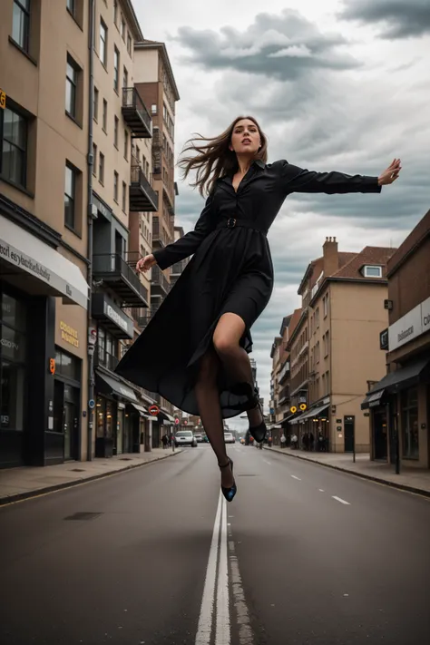 photography of giant woman floating in air,jumping,through high over street,solo,athletic body,open hands,long dress,black pantyhose,high heeled,symmetrical,cloudy sky,(Depth of field:1.3),<lora:SDXLrenderX:0.39>