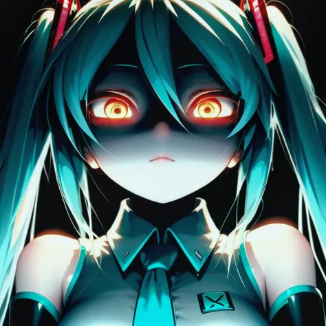 A dark, moody image of Hatsune Miku, a popular Japanese virtual singer, is captured in a close-up shot. Her eyes are glowing red, and she appears to be staring directly into the camera with a mysterious, almost haunting expression. The background is black,...