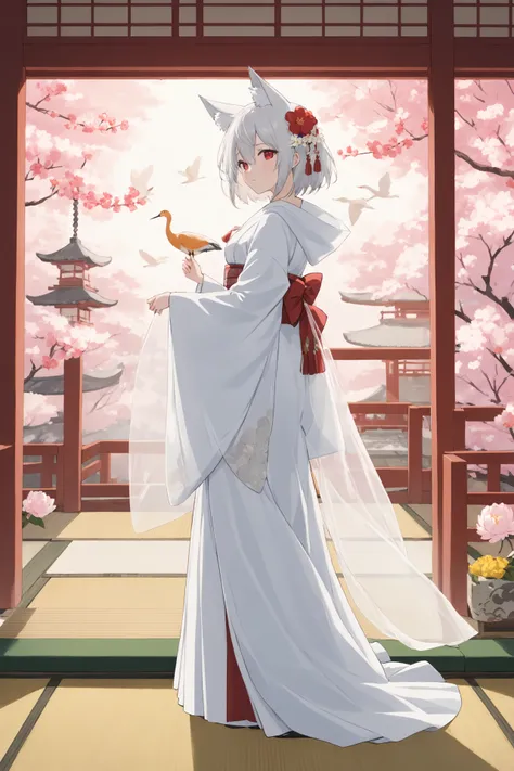 (masterpiece),(highest quality),highres,(an extremely delicate and beautiful),(extremely detailed),
1girl, tail, animal ears, bird, red eyes, fox ears, uchikake, japanese clothes, veil, tail, flower, solo, fox tail, looking at viewer, kimono, white hair, f...