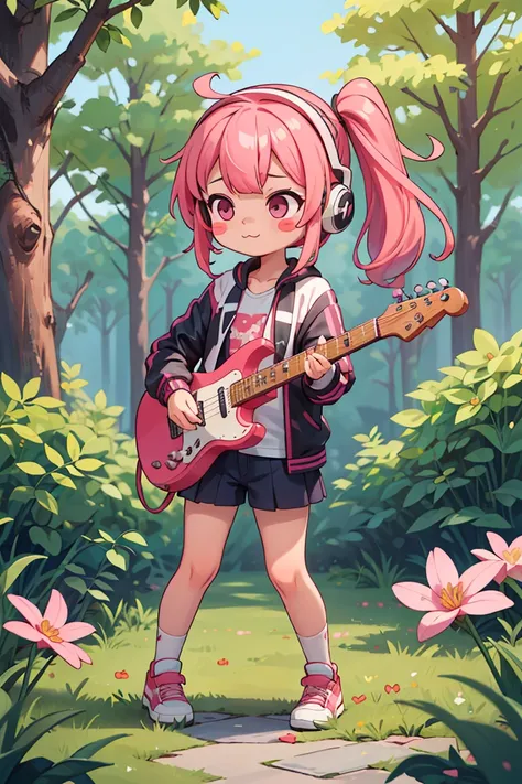 masterpiece,best quality,1 chibi girl very cute with pink hair and blushed,flower,outdoors,playing guitar,music,holding guitar,jacket,:3,shirt,long pinkhair in one side ponytail,pine trees,pink hair,blush stickers,long sleeves,bangs,headphones,flowers,<lor...