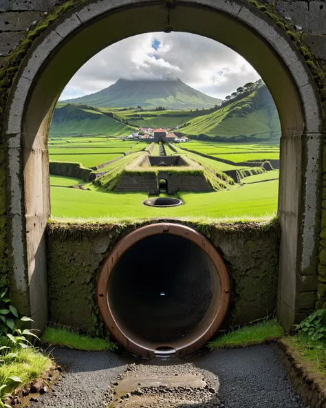 Hyperrealistic art (Ultrarealistic:1.3) <lora:FF.97.juggernautXL_version4.lora:1> Landscape Photography, by Erwin Bowien, looking through a portal, azores, mountain valley to fortress, sewer pipe entrance, 20mm lens, f / 2. 8, 50mm 4k, soil . Extremely hig...