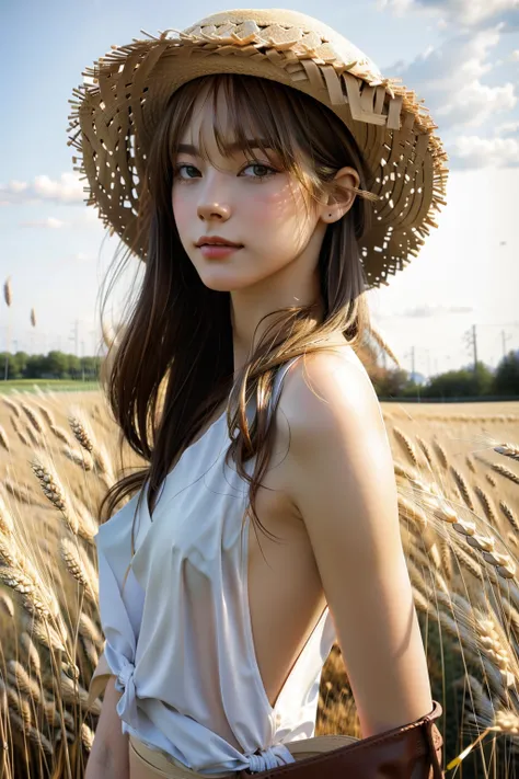 oil on body, masterpiece,best quality, naked tits, naked nipples, highly detailed, detailed outfit, beautiful hair, very small rocket tits, slim body, straw hat, wheat field on background, erected nipples, young milf,  soft light, (depth of field) , ultra ...