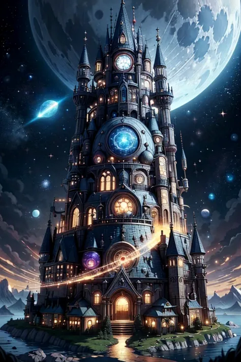 there is a castle with a clock tower in the middle of the night