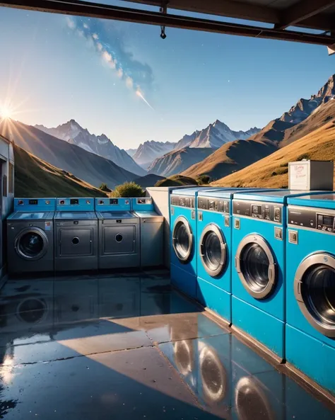 Hyperrealistic art <lora:FF.98.dxlYamersRealism_v2.LORA1:1>, Spray paint style, RAW photo, landscape of a Timeless (Laundromat:1.3) , mountains and Capricornus constellation in background, at Sunrise, Shameful, Short exposure, Polaroid, Selective focus, ar...