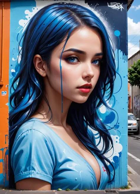 Graffiti style (Ultrarealistic:1.3) <lora:FF.91.realcartoonXL_v2.lora:1> masterpiece, best quality, ultra high res, 1girl, (abstract art:1.4), bleeding blue, blue theme, visually stunning, beautiful, evocative, emotional, side view, u003clora:wowifierXL:0....