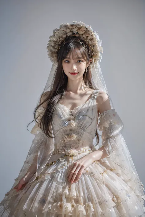 best quality, masterpiece, photorealistic, 1girl, solo, cowboy shot, balck hair, straight hair, blunt bangs, looking at viewer, smile, lo dress, layered dress, detached sleeves, wide sleeves, see-through, veil, hat, hair ornament, bonnet, jewelry, simple b...