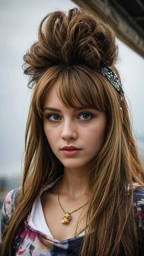 Realistic photography, closeup of beautiful woman with friskles and, head shot, 25yo, focus on eyes, 50 mm f1.4, ginger hair in wind, hdr masterpiece, dramatic lighting, epic, cyber dress, flower in hair, light snowing, post apocalyptic city, epic necklace