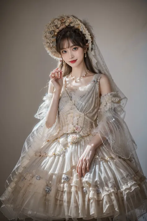 best quality, masterpiece, photorealistic, 1girl, solo, cowboy shot, balck hair, straight hair, blunt bangs, looking at viewer, smile, lo dress, layered dress, detached sleeves, wide sleeves, see-through, veil, hat, hair ornament, bonnet, jewelry, simple b...