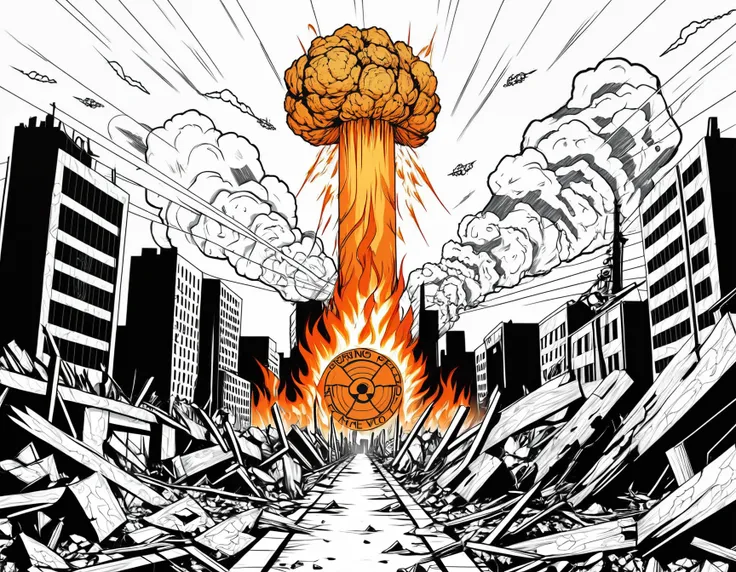 line art drawing Tattoo artwork the end of the world, burning destroyed city after nuclear blast . professional, sleek, modern, minimalist, graphic, line art, vector graphics
