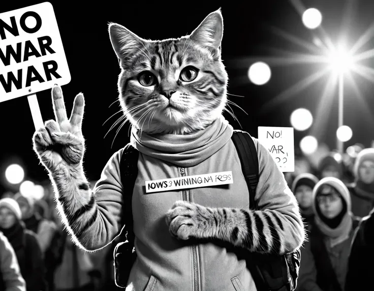 line art drawing cinematic film still a activist cat rally, protesting against war, making a peace sign, holding a sign text:("No War") ,paws , shallow depth of field, vignette, highly detailed, high budget, bokeh, cinemascope, moody, epic, gorgeous, film ...