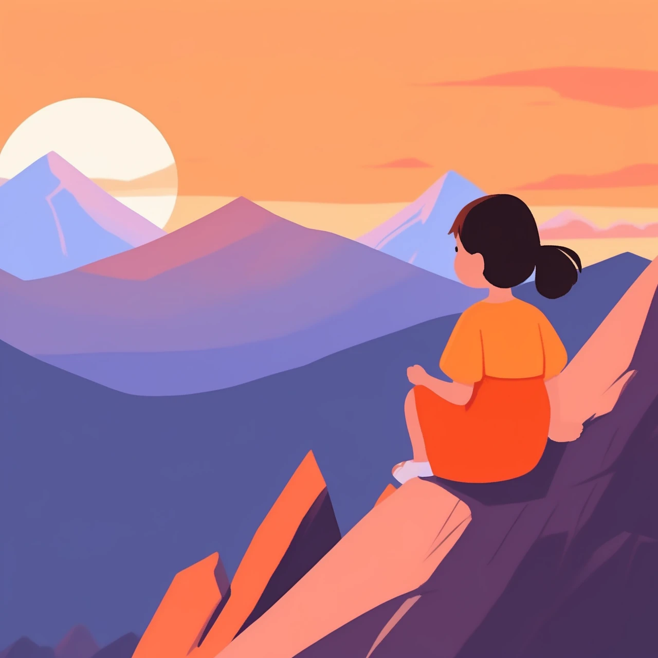 <lora:children huiben11-20231007-000006:0.75>,childrens picture books,crayon paintings,white background,simple background,
A girl, facing the sunset, stands on a mountain. The beautiful sunset shines on the peaks and the girls on them, with an orange sky
